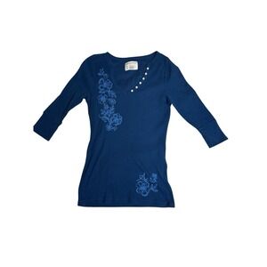 Women's Y2K Aeropostale Royal Navy Henley Tunic XL Floral Embroidery Stretchy